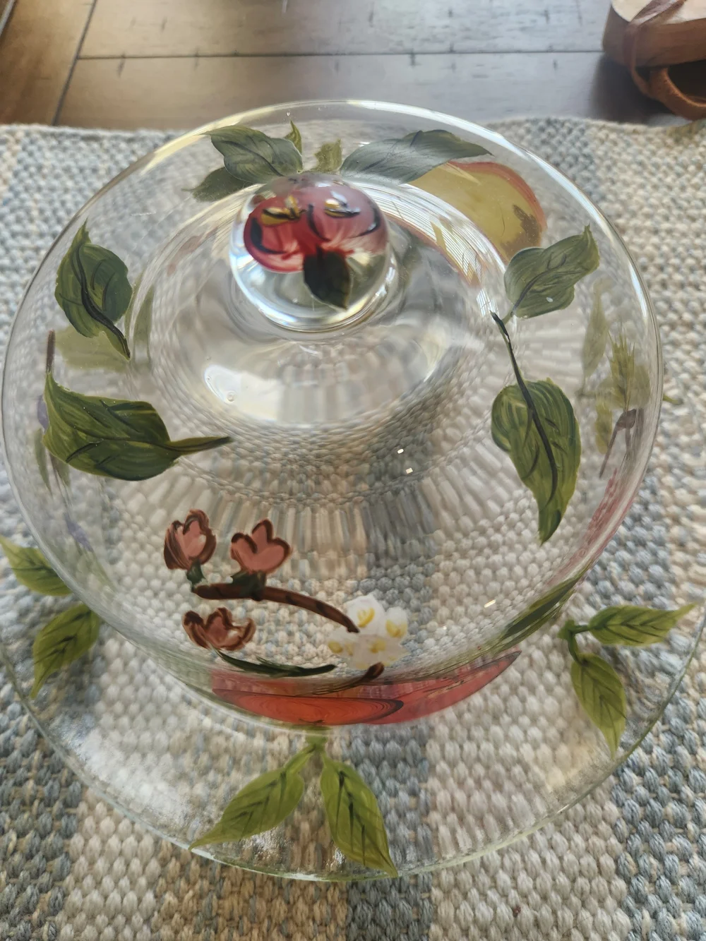 Vintage Hand Painted Glass Covered Cake Plate Cheese Fruit Dessert Dome Cloche